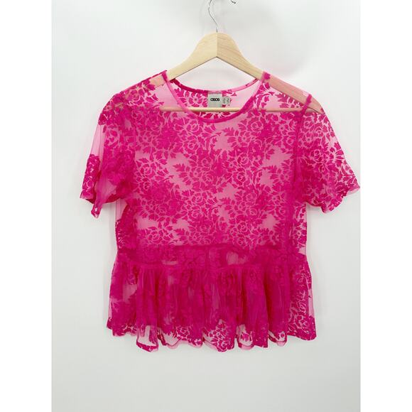 ASOS Pink Sheer Floral Short Sleeve Crew Neck Babydoll Top Women's Size 2 - Picture 1 of 7